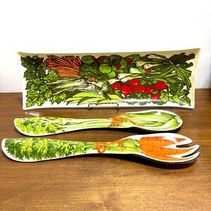Vegetable Serving Trays and Serving Utensils Melamine Set Retro 1970s Vintage